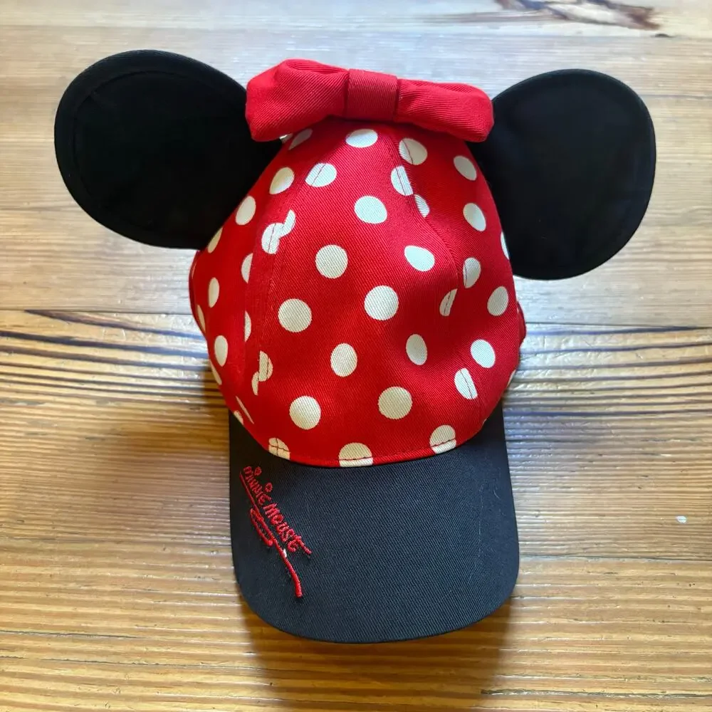 Disney Minnie‎ Mouse red white polka dot black ear bow baseball cap SIZE OS